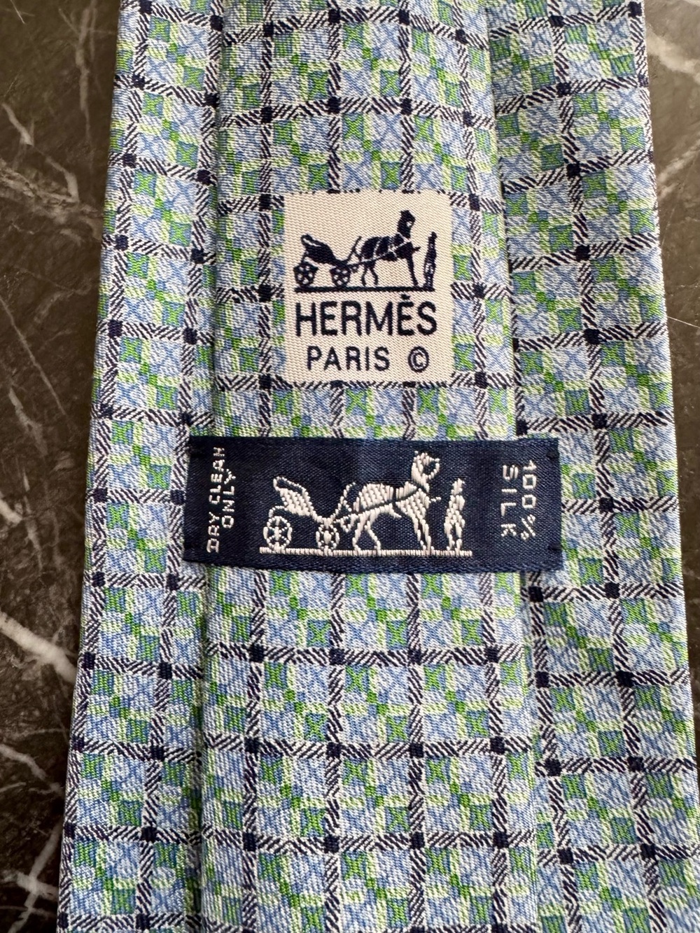 Hermès Blue and Green Plaid Silk Tie with Carriage Logo